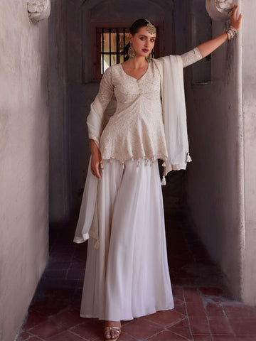 Glorious Off-White Sequins Georgette Peplum Top With Palazzo - women's fashion mart