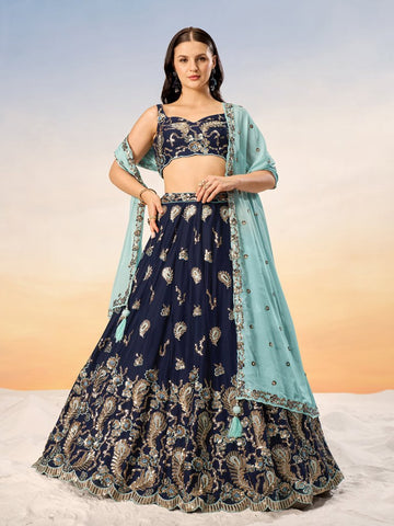 Golden Sequin,Thread,Coding Feather Work Embroidered Georgette Semi - Stitched Lehenga choli - women's fashion mart