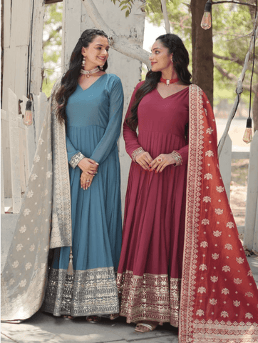 Gorgeous Faux Georgette Rich Sequins Worked Gown With Dupatta -Gowns Sky / M women's fashion mart
