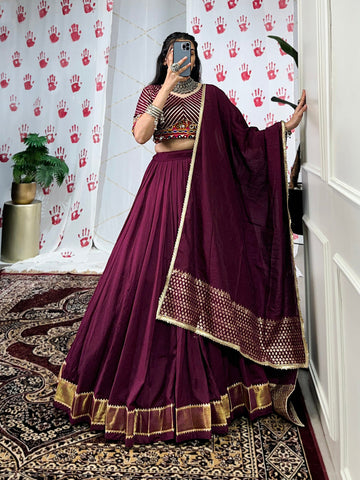 Wine Color Zari Weaving Work With Gotta Patti Lace Border Chanderi Chaniya Choli