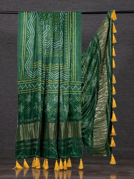 Green Color Pure Gaji Silk Bandhani Printed Dupatta With Tassels -silk dupatta online Default Title women's fashion mart
