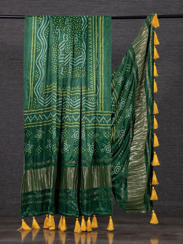Green Color Pure Gaji Silk Bandhani Printed Dupatta With Tassels -silk dupatta online Default Title women's fashion mart