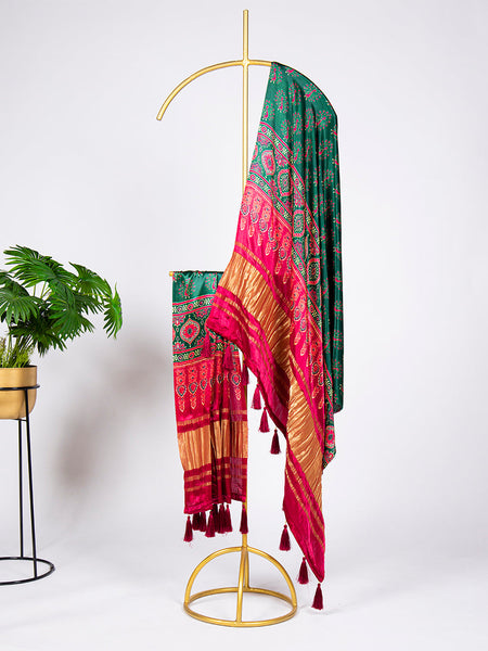 Green Color Digital Print And Lagadi Patta Pure Gaji Silk With Tassels - women's fashion mart