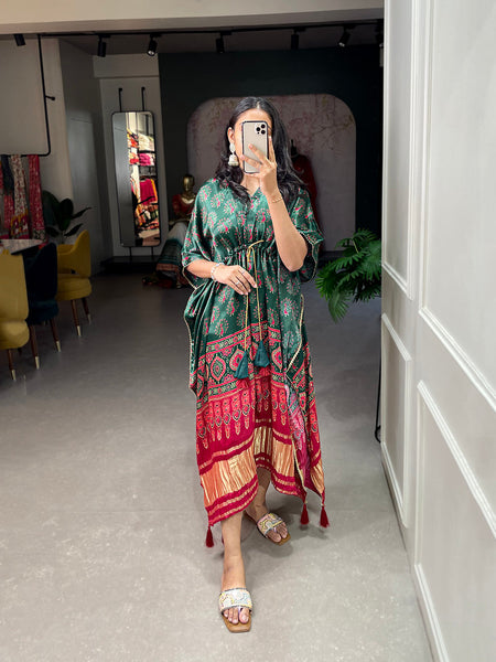 Green Color Digital Print With Gotta Patti Lace Border Gaji Silk Kaftan - women's fashion mart