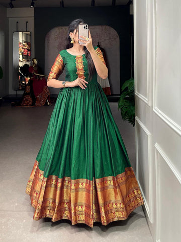 Green Color Zari Weaving Work Narayan Pet (Cotton) Dress -south dresses Free Size women's fashion mart
