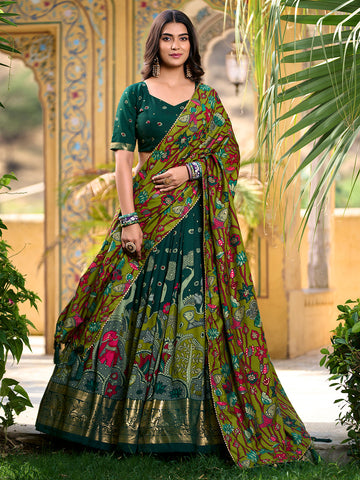 Green Color Kalamkari Print With Foil Work Tussar Silk Lehenga Choli - women's fashion mart