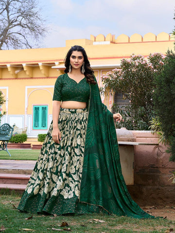 Green Color Floral Print With Foil Work Tussar Silk Lehenga Choli -Lehenga Choli Unstitched / Semi-Stitched women's fashion mart