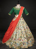 Green Color Digital Printed Zarna Silk South Indian Lehenga Choli Set