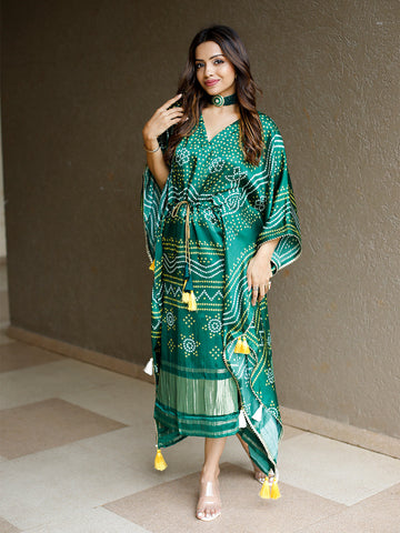 Green Color Digital Bandhej Printed Pure Gaji Silk Kaftan - women's fashion mart