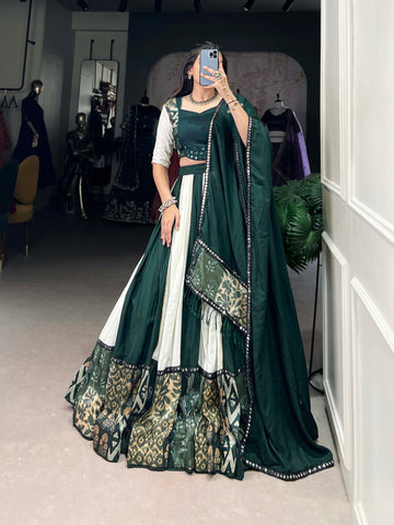 Green Color Plain And Printed With Paper Mirror Work Rayon Lehenga Choli