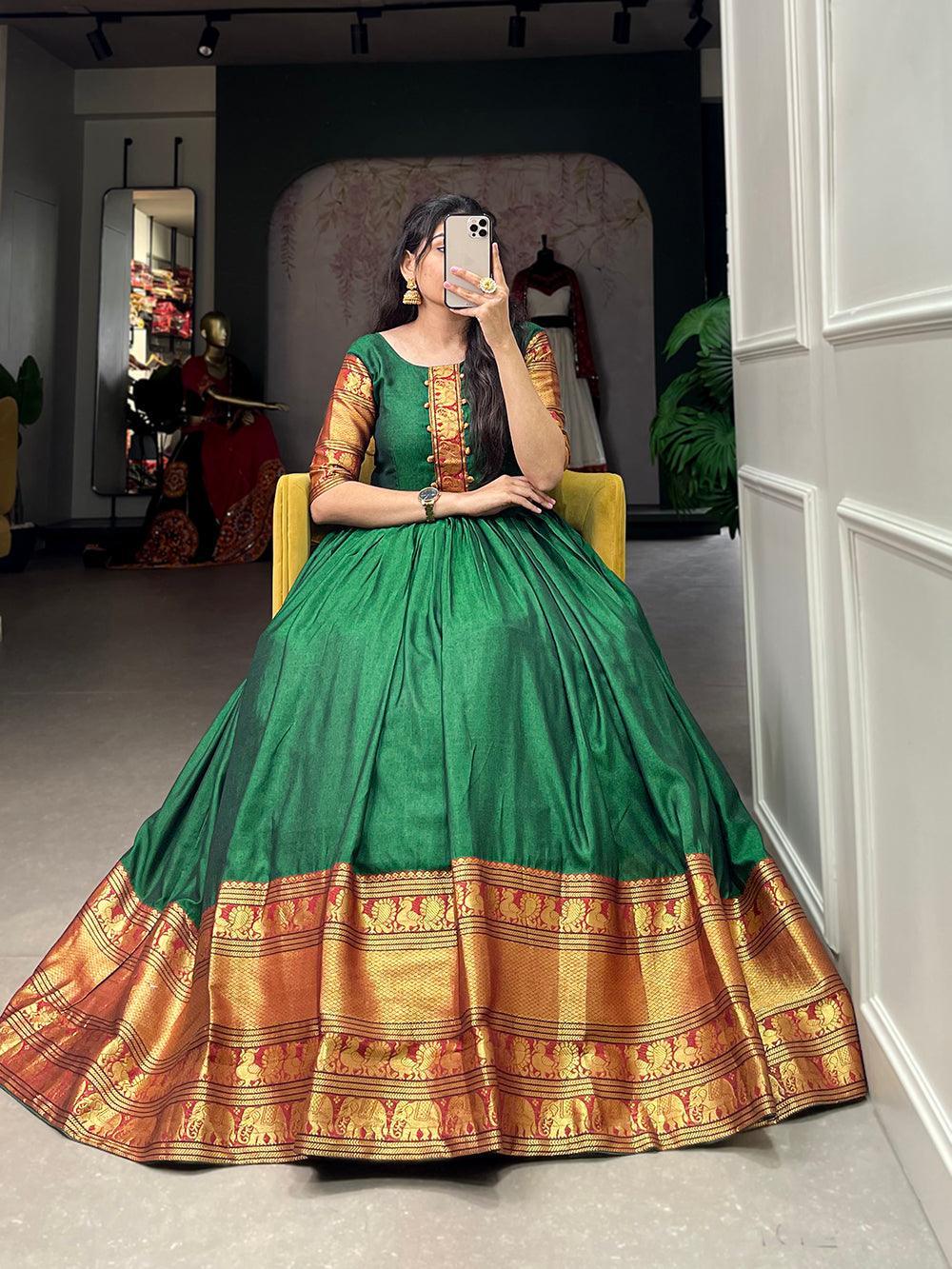 Green Color Zari Weaving Work Narayan Pet (Cotton) Dress -south dresses Free Size women's fashion mart