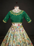 Green Color Digital Printed Zarna Silk South Indian Lehenga Choli Set