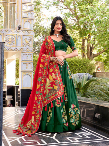 Green Color Printed And Foil Work Tussar Silk Lehenga Choli