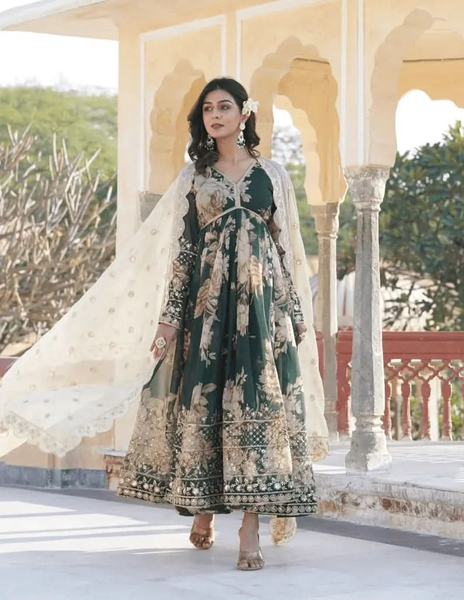 Green Digital Printed Russian Silk Zari Sequins Embroidered Gown - women's fashion mart