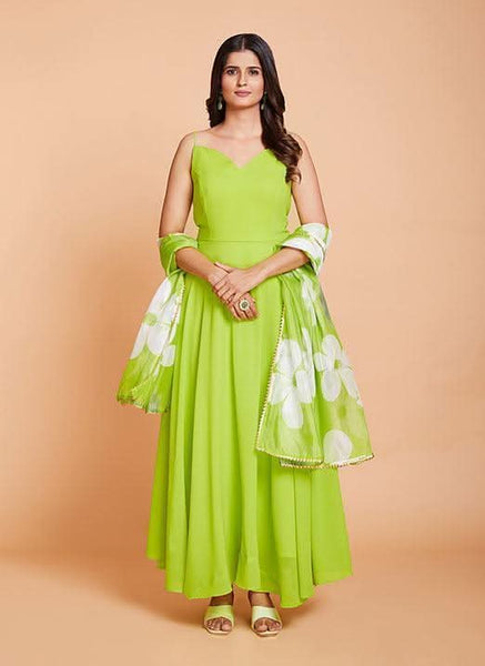 Green Plain Work Fancy Gown in Faux Georgette -Gowns Semi Stitched women's fashion mart