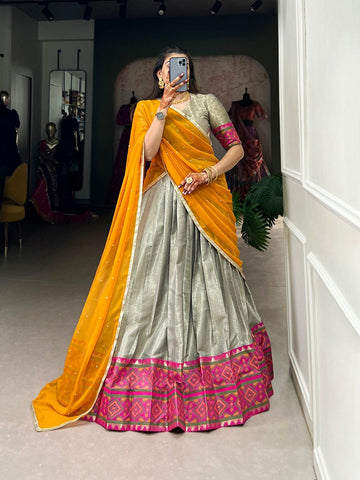 Grey Ikkat Kanjivaram Jacquard Silk Lehenga Choli with Elegant Weaving Details  women's fashion mart