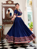 Navy Blue Color Gamthi Print And Embossed Design Tussar Silk Lehenga Choli