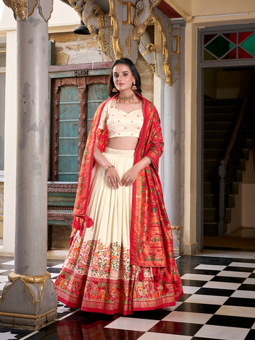 Off White Color Printed Foil Work Tussar Silk Lehenga Choli
