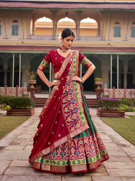 Green Color Hyderabadi Patola With Foil Print Tussar Silk Lehenga Choli - women's fashion mart