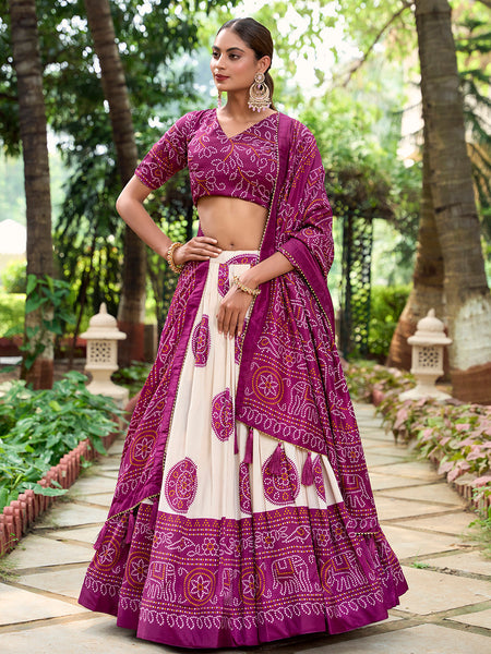 Wine Color Bandhej Printed Tussar Silk Lehenga Choli - women's fashion mart