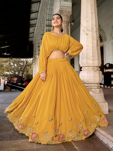 Mustard Color Sequins And Thread Embroidery Work Georgette Co-ord Set Lehenga Choli - women's fashion mart