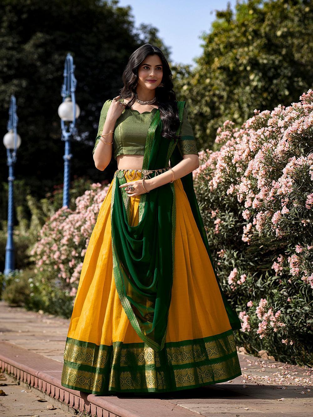 Yellow Color Zari Weaving Work Kanchipuram Haldi Lehenga Choli -lehenga choli for women Unstitched / Semi-Stitched women's fashion mart