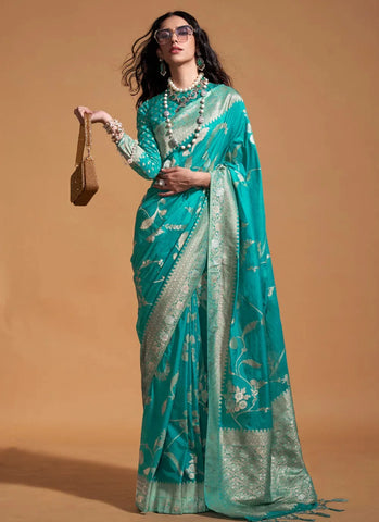 Classic Designer Hand Woven Turquoise Silk Saree - women's fashion mart