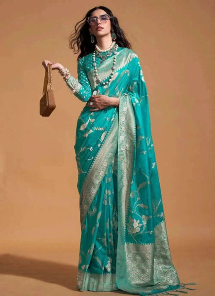 Classic Hand Woven Turquoise Silk Saree -Saree Unstitched women's fashion mart