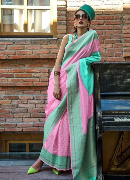 Classic Pink-Turquoise Handloom Silk Trendy Saree -Saree Unstitched women's fashion mart