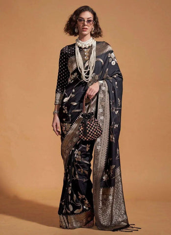 Hand Woven Black Silk Saree -Saree Unstitched women's fashion mart
