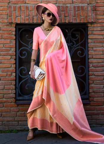 Stunning Pink-Cream Handloom Silk Trendy Saree - women's fashion mart