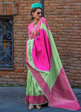 Designer Pink-Mint Green Handloom Silk Trendy Saree - women's fashion mart