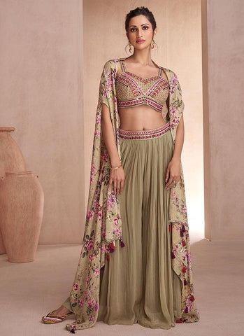 Hazy Green Printed Sequins Embroidered Cape Style Designer Top Palazzo Suit - women's fashion mart