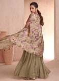 Hazy Green Printed Sequins Embroidered Cape Style Designer Top Palazzo Suit - women's fashion mart
