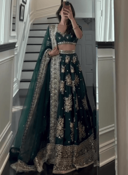 Heavy Embroidered Work Japan Satin Green Bridal Lehenga Choli - women's fashion mart