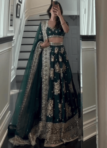 Heavy Embroidered Work Japan Satin Green Bridal Lehenga Choli - women's fashion mart