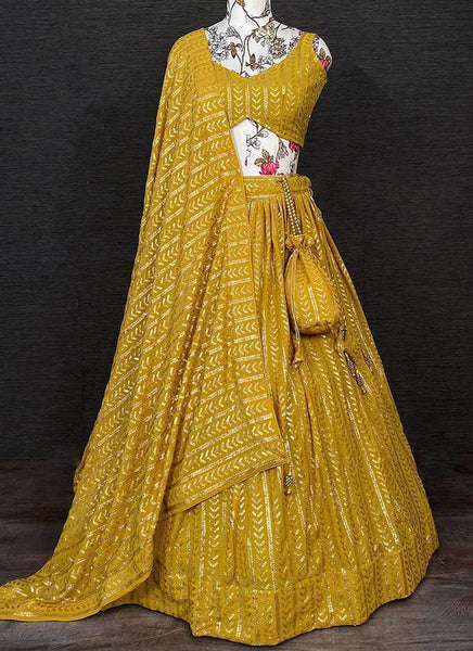 Heavy Sequins Mustard Yellow Flared Lehenga -Lehenga Choli Semi Stitched women's fashion mart