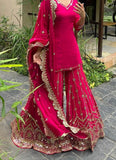 Pink Georgette Heavy Sequins Zari Work Top Palazzo Suit -Salwar Kameez XS women's fashion mart