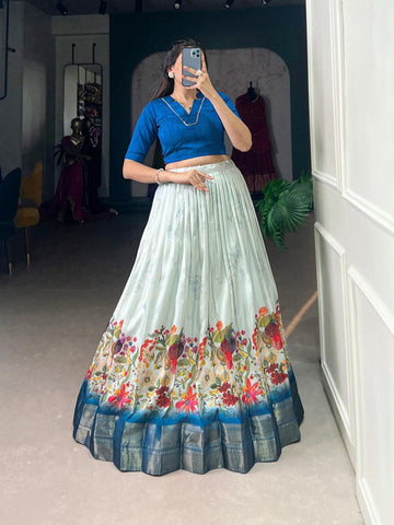 Royal Blue Color Floral Print With Zari Border Cotton Silk Co-ord Set -2 piece chaniya choli Free Size / Semi-Stitched / Semi-Stitched women's fashion mart
