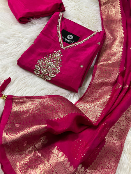 Pink cotton silk embroidered straight kurta set with dupatta  women's fashion mart