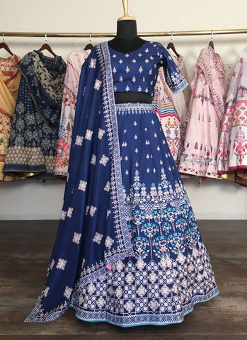 Impressive Navy Blue Silk Base Digital Printed Lehenga Choli -Lehenga Choli Semi Stitched women's fashion mart