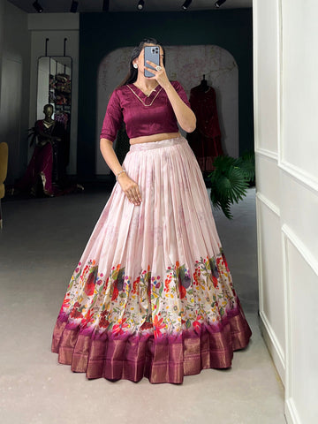 Wine Color Floral Print With Zari Border Cotton Silk Co-ord Set - women's fashion mart