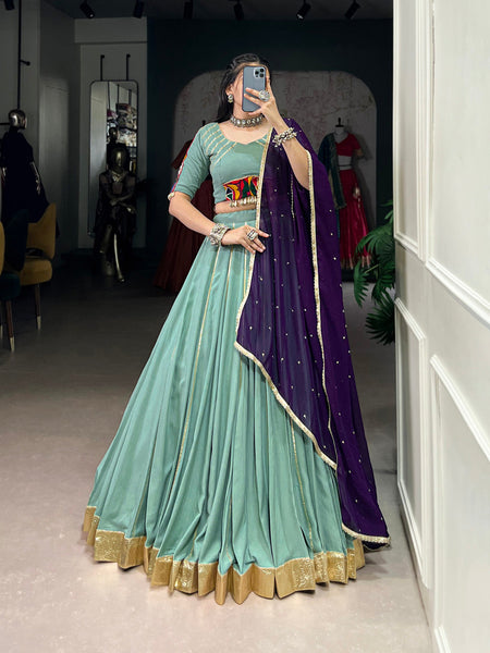 See Green Color Embossed Design With Gotta Patti Lace Touch Up Rayon Chaniya Choli