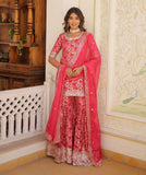 Ivory Embellished Sharara Suit with Dupatta -Salwar Kameez M / Coral Pink women's fashion mart