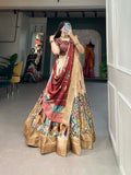 Cream Color Kalamkari Print With Weaving Border Dola Silk Lehenga Choli -Hyderabad lehenga choli Unstitched / Semi-Stitched women's fashion mart