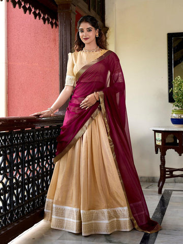 Cream Color Zari Weaving Work Kanchipuram Lehenga Choli -bridal lehenga choli Unstitched / Semi-Stitched / Semi-Stitched women's fashion mart