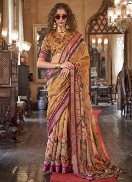 Majestic Khaki Brown Digital Printed Viscos Soft Silk Saree - women's fashion mart