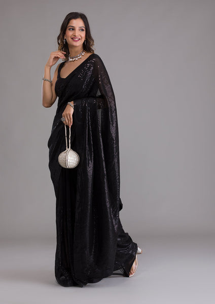 Black Sequins Georgette Designer Saree -Saree One Size women's fashion mart