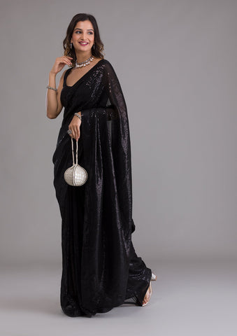 Black Sequins Georgette Designer Saree -Saree One Size women's fashion mart