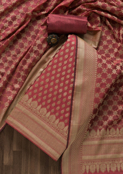 Onion Pink Zariwork Banarasi Unstitched Salwar Suit -Salwar Suit One Size women's fashion mart
